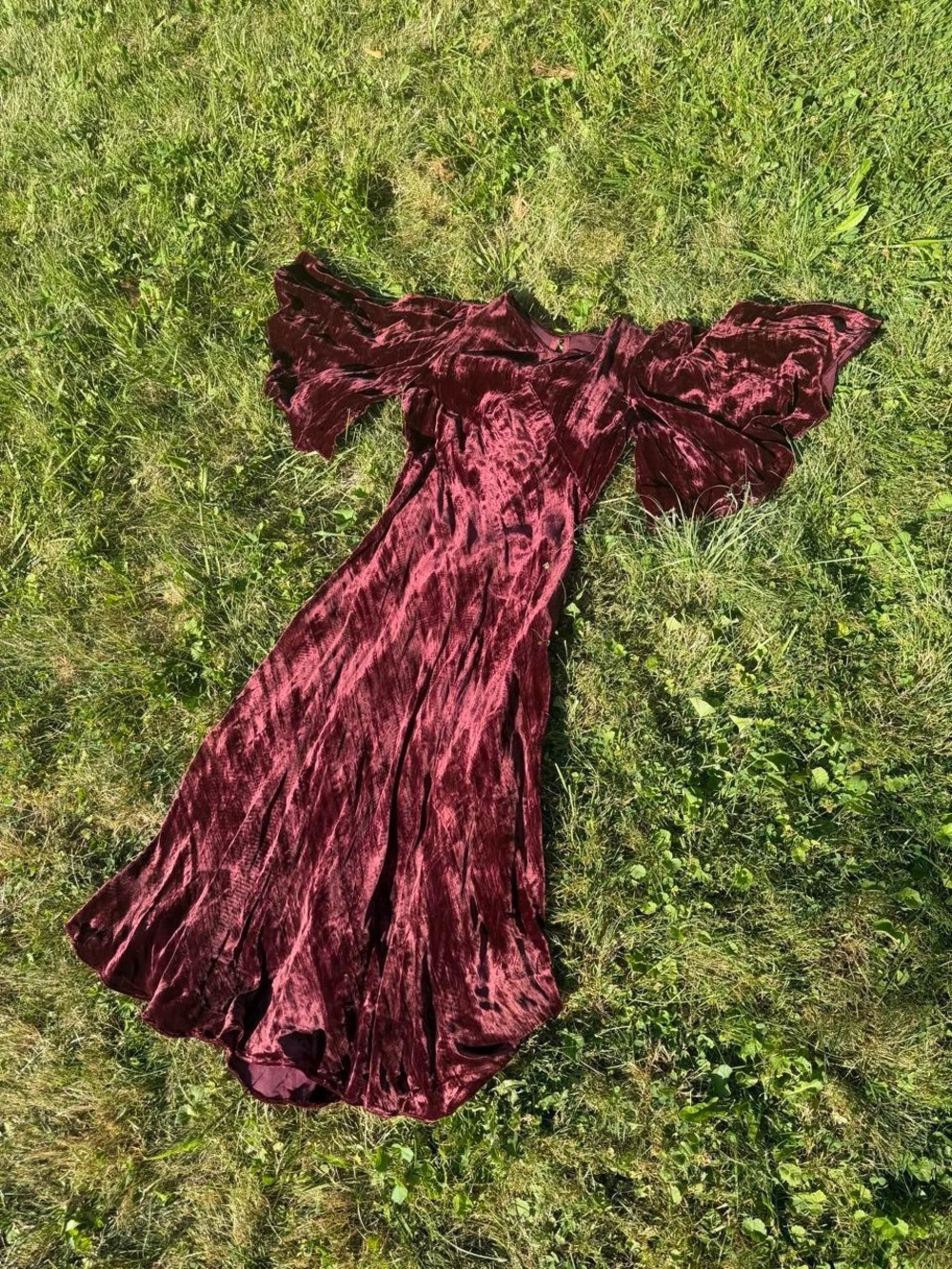 SOLD 30s VINTAGE Textured Velvet Burgundy Maxi Dress with Flutter Sleeves - Picture 1 of 8